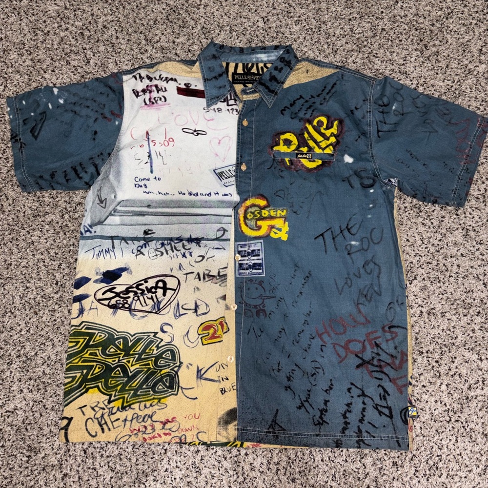 Extremely Rare Vintage Pelle Pelle x Marc Buchanan Graffiti Denim Shirt XL